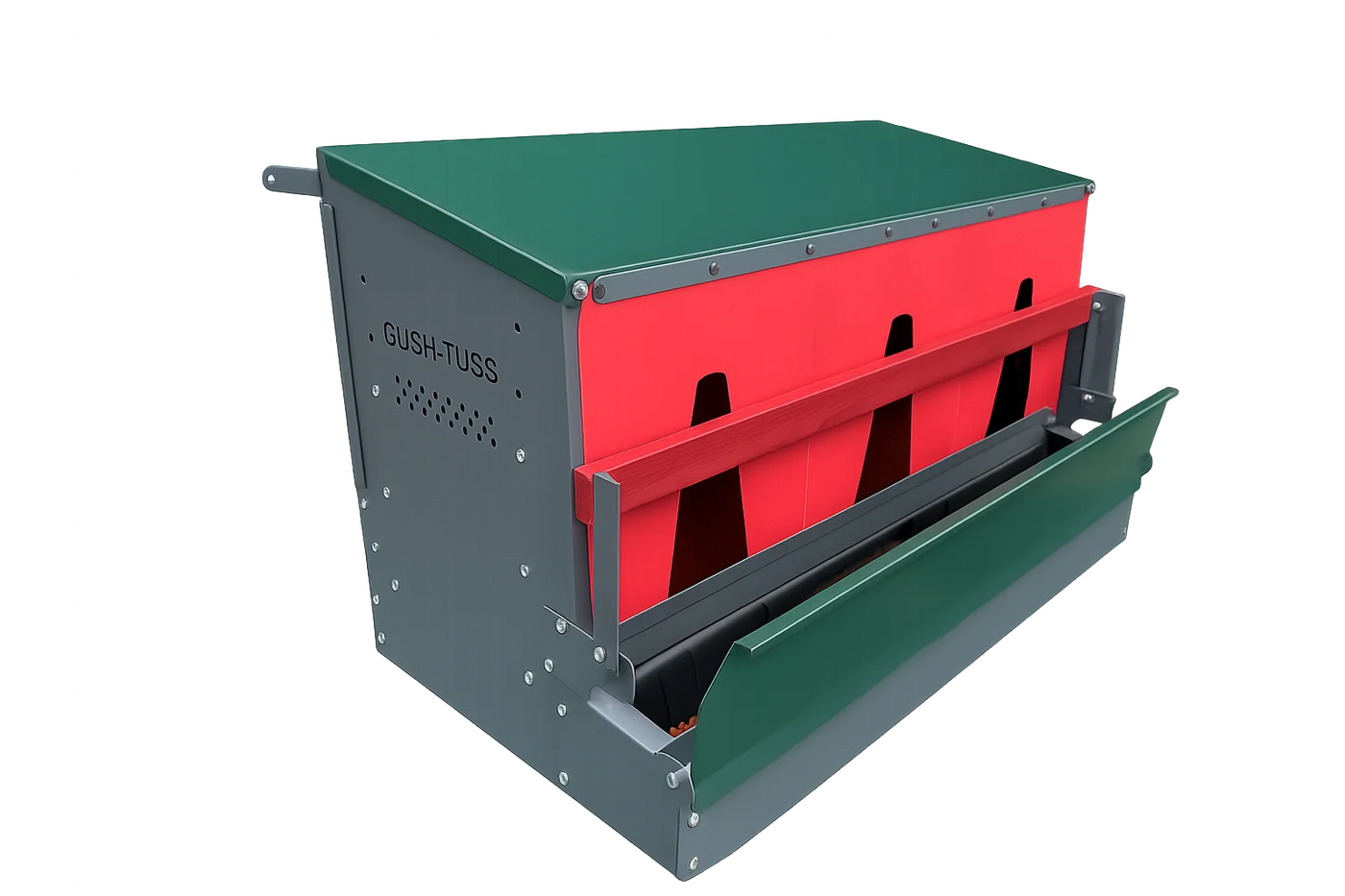 Gush-Tuss nesting box without legs, Front Rollout configuration, egg lid open and perch raised