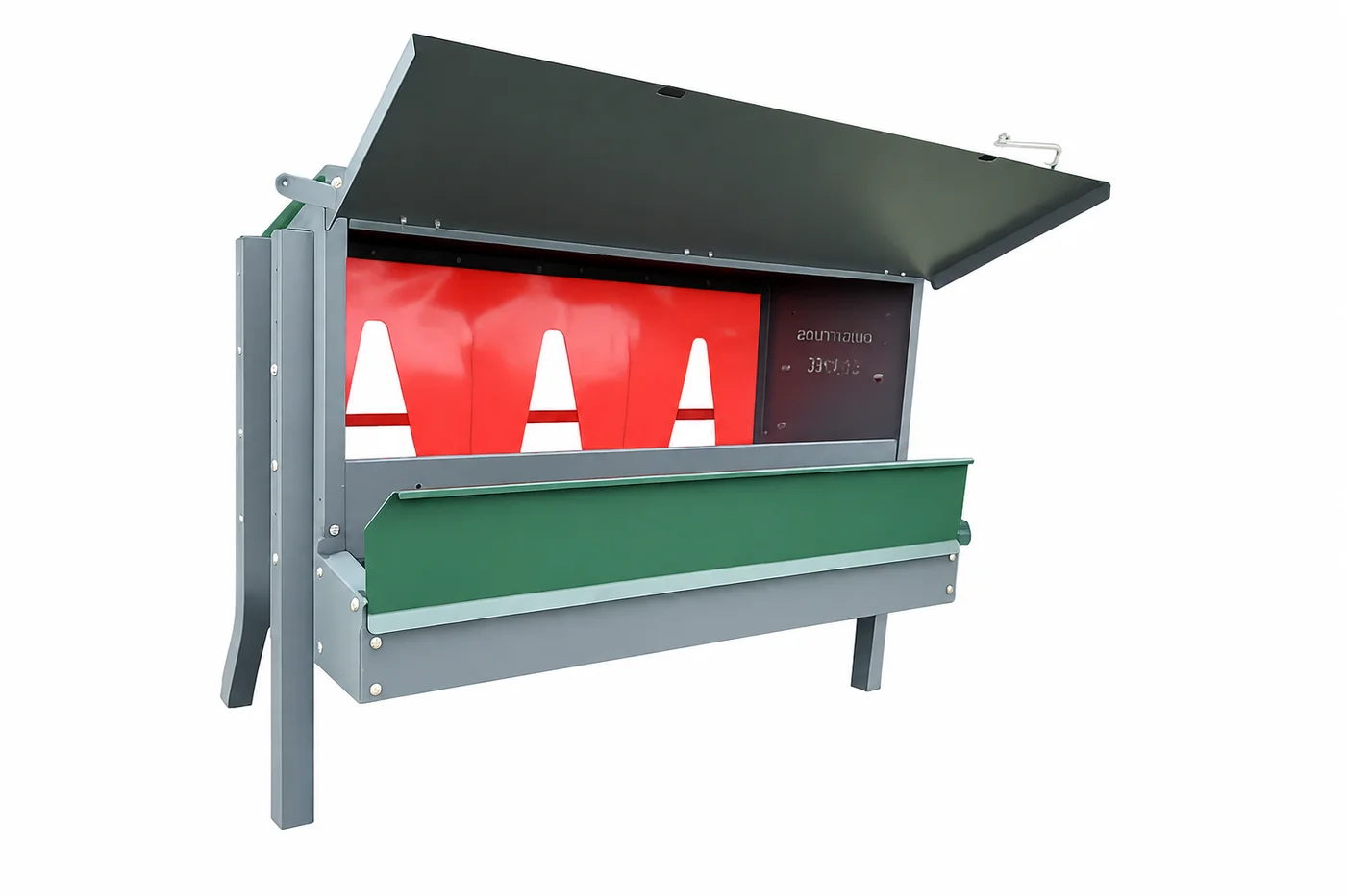 Gush-Tuss nesting box with adjustable legs, Rear Rollout configuration with rear panel open